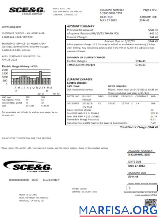 Printable South Carolina SCE&G electricity utility business bill, SCR template